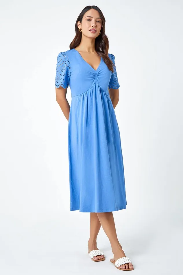 Women Light Blue Cotton Broderie Sleeve Midi Dress Roman Dresses