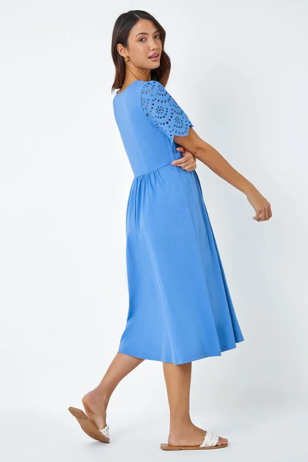 Women Light Blue Cotton Broderie Sleeve Midi Dress Roman Dresses