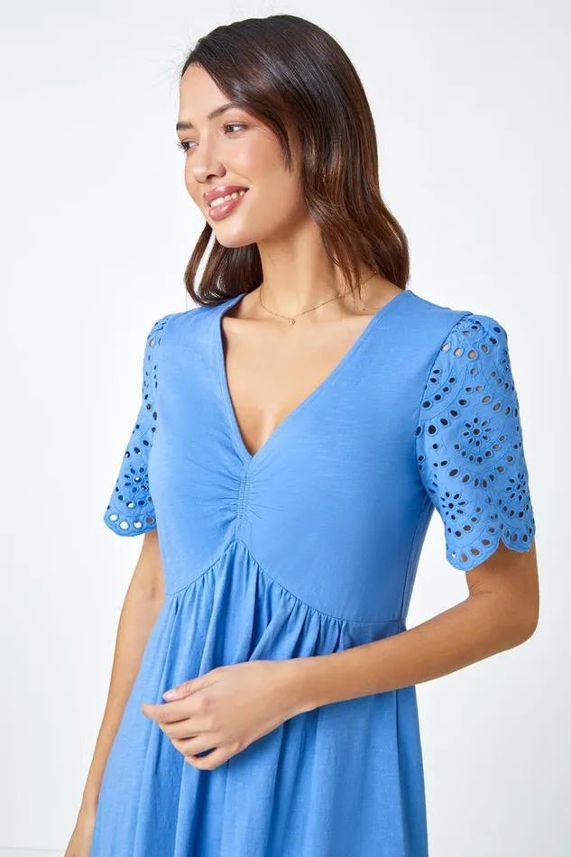 Women Light Blue Cotton Broderie Sleeve Midi Dress Roman Dresses