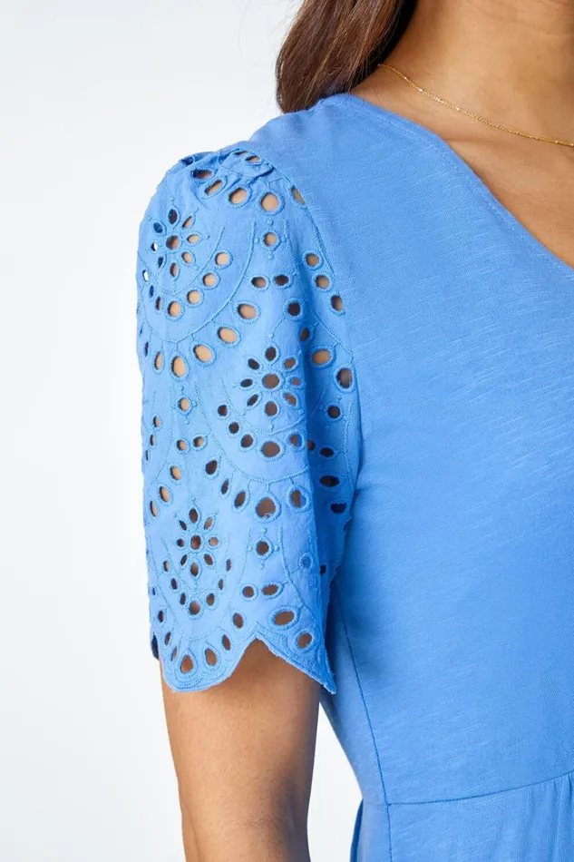 Women Light Blue Cotton Broderie Sleeve Midi Dress Roman Dresses