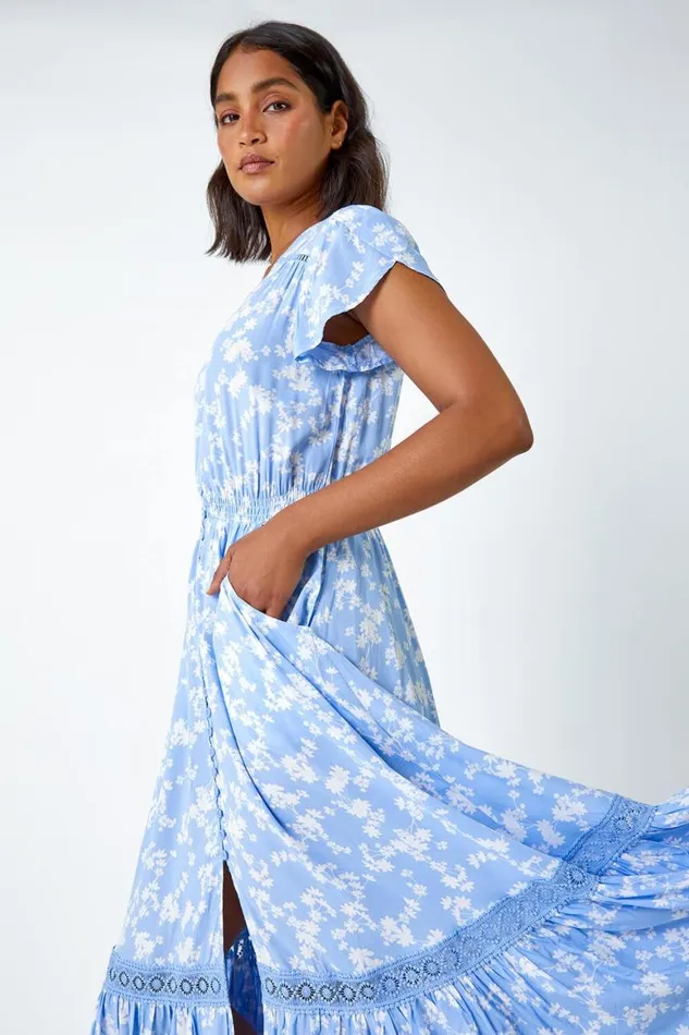 Women Light Blue Floral Lace Detail Midi Dress Roman Dresses