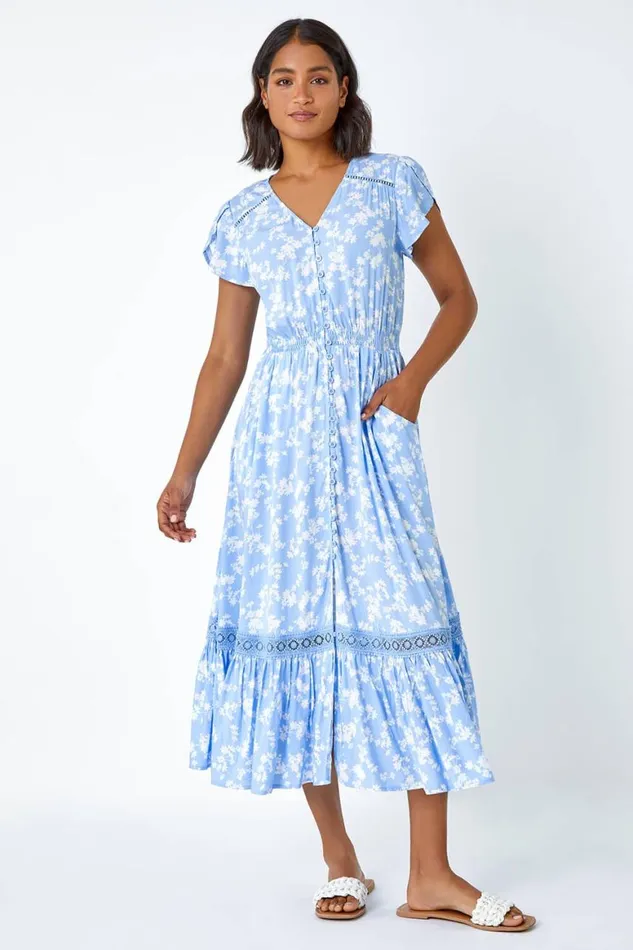 Women Light Blue Floral Lace Detail Midi Dress Roman Dresses