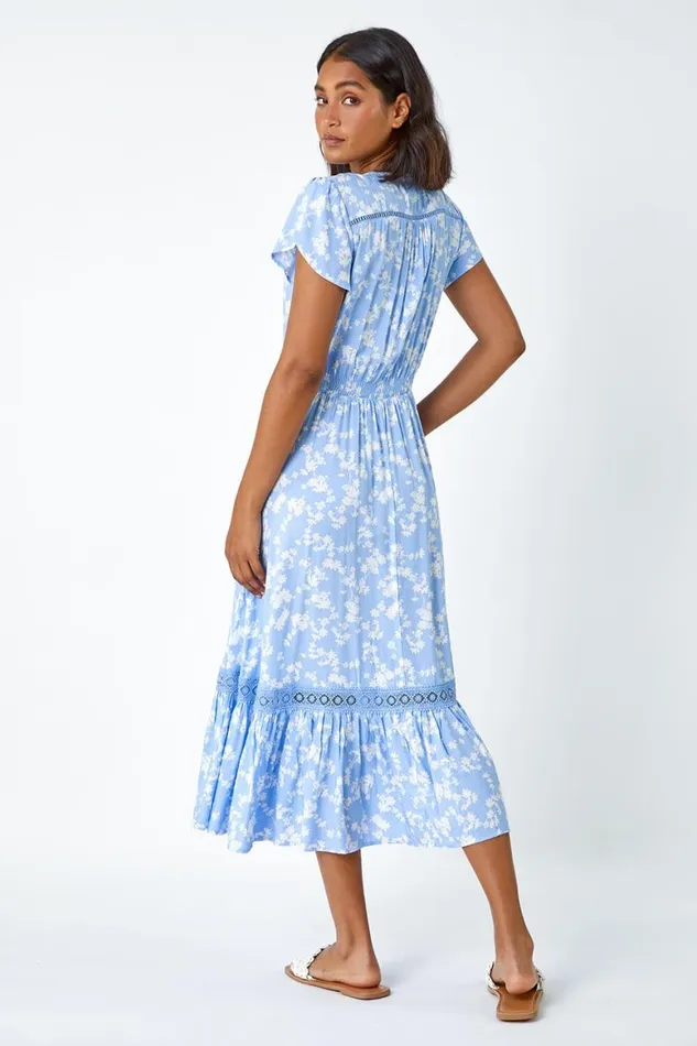 Women Light Blue Floral Lace Detail Midi Dress Roman Dresses