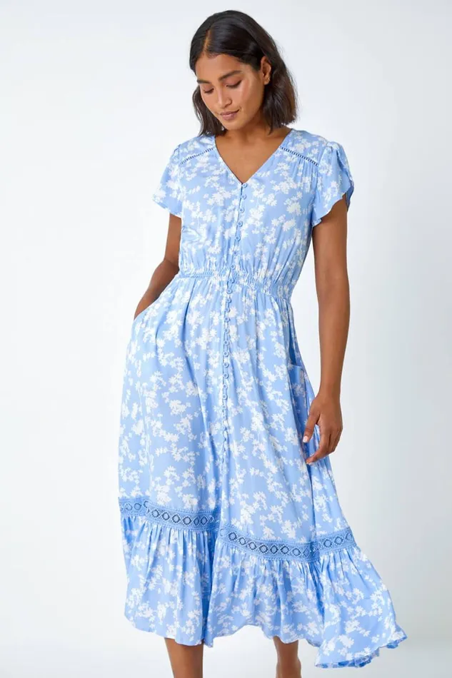 Women Light Blue Floral Lace Detail Midi Dress Roman Dresses