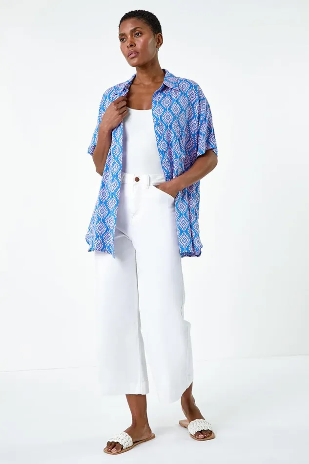 Women Light Blue Geometric Print Short Sleeve Shirt Roman Tops