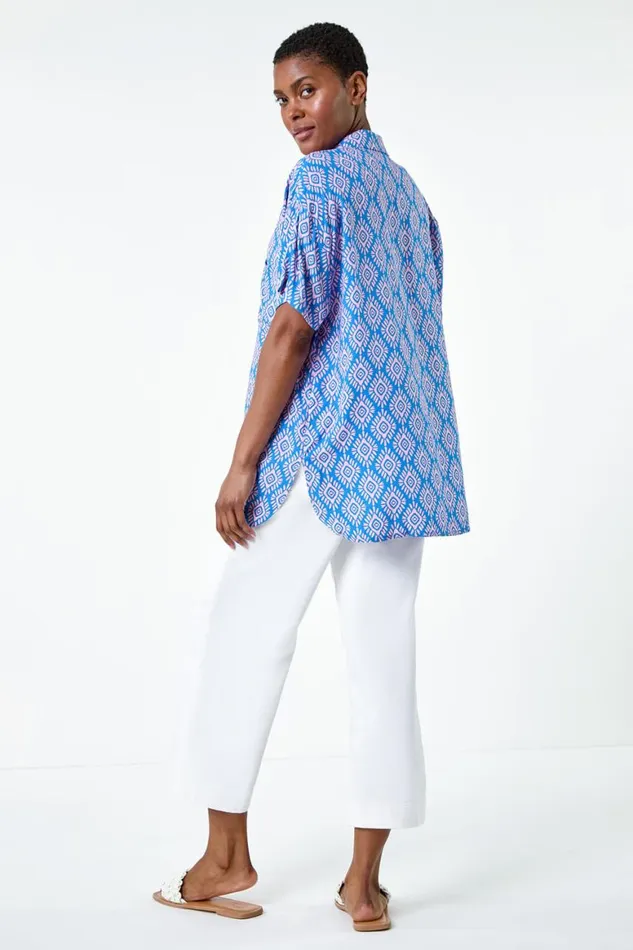 Women Light Blue Geometric Print Short Sleeve Shirt Roman Tops