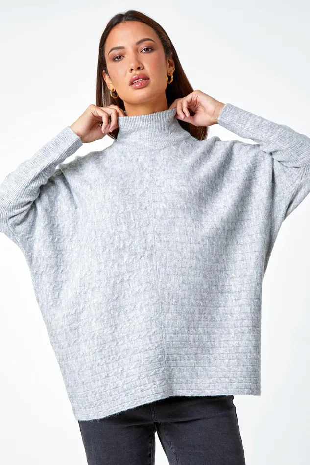 Women Light Grey Cable Knit Roll Neck Stretch Longline Jumper Roman Knitwear