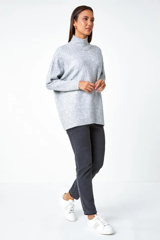 Women Light Grey Cable Knit Roll Neck Stretch Longline Jumper Roman Knitwear