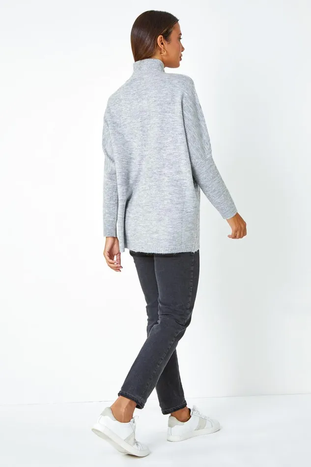 Women Light Grey Cable Knit Roll Neck Stretch Longline Jumper Roman Knitwear