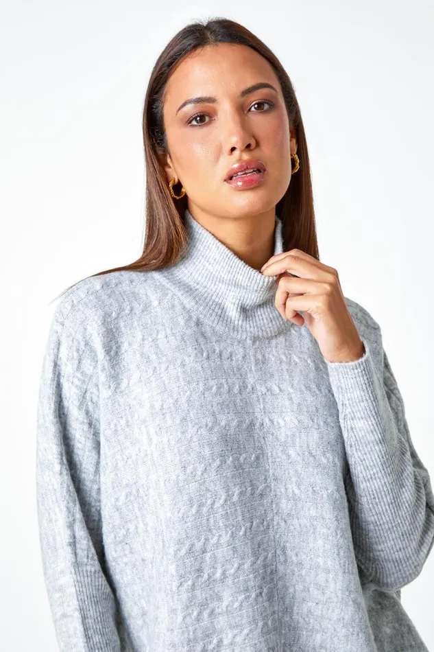 Women Light Grey Cable Knit Roll Neck Stretch Longline Jumper Roman Knitwear