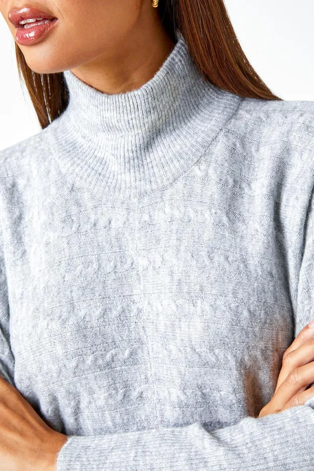 Women Light Grey Cable Knit Roll Neck Stretch Longline Jumper Roman Knitwear