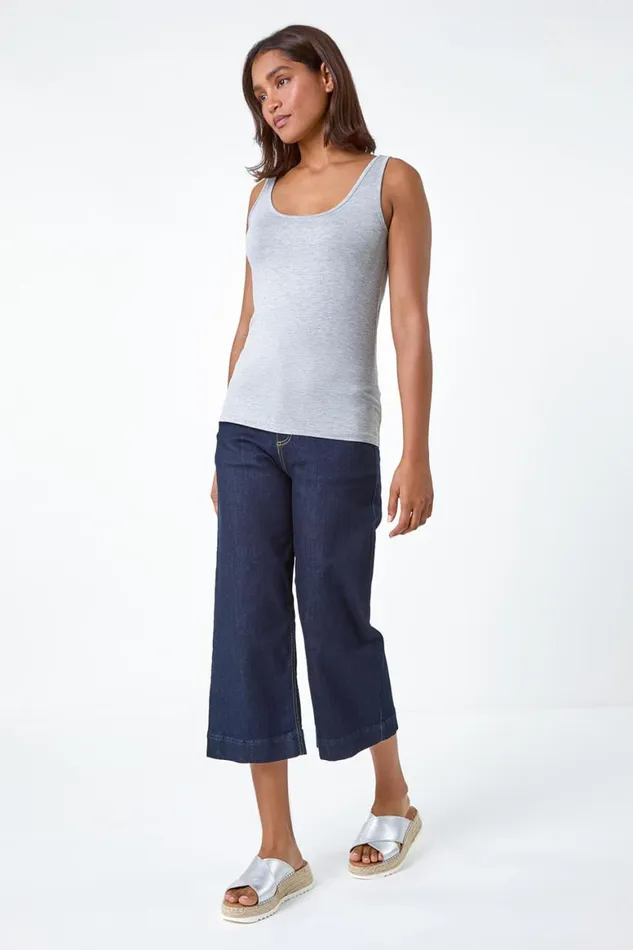 Women Light Grey Plain Stretch Jersey Vest Top Roman Tops