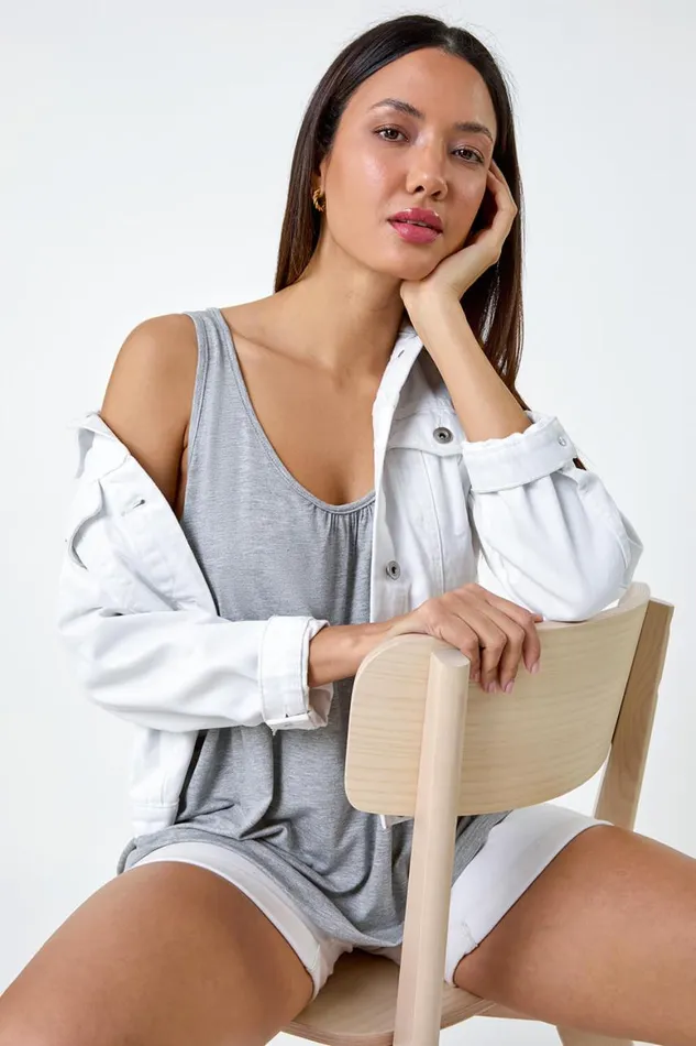 Women Light Grey Plain VNeck Stretch Jersey Vest Top Roman Tops