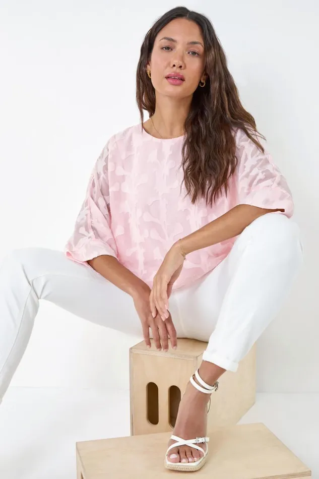 Women Light Pink Burnout Floral Dipped Hem Overlay Top Roman Tops