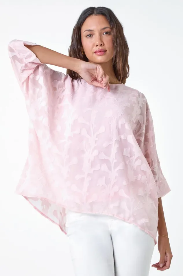 Women Light Pink Burnout Floral Dipped Hem Overlay Top Roman Tops