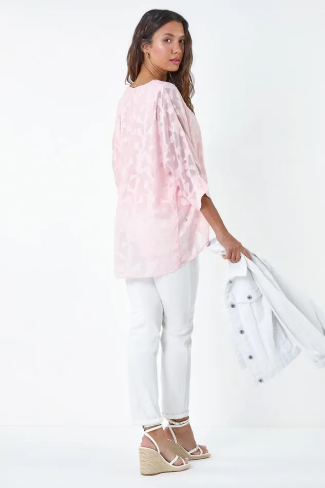 Women Light Pink Burnout Floral Dipped Hem Overlay Top Roman Tops