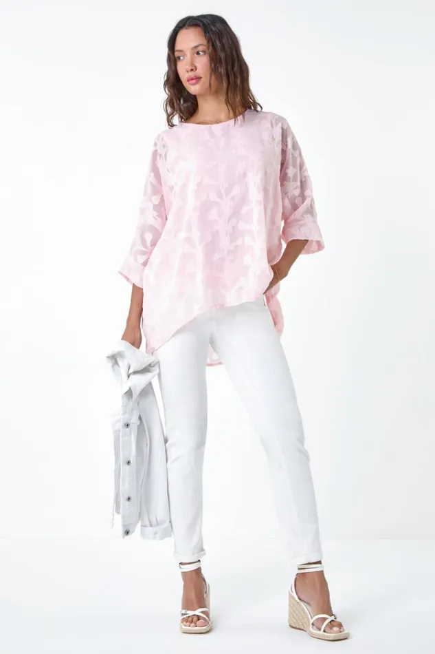 Women Light Pink Burnout Floral Dipped Hem Overlay Top Roman Tops