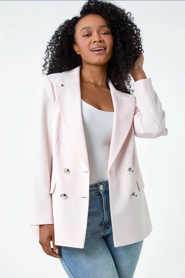 Women Light Pink Petite Double Breasted Stretch Blazer Roman Jackets
