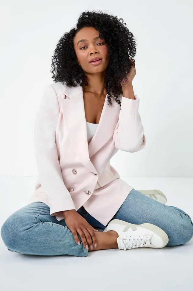 Women Light Pink Petite Double Breasted Stretch Blazer Roman Jackets