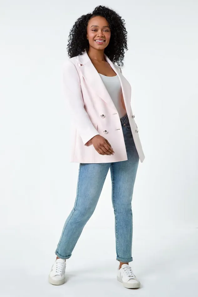 Women Light Pink Petite Double Breasted Stretch Blazer Roman Jackets