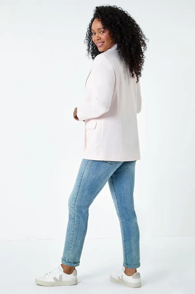 Women Light Pink Petite Double Breasted Stretch Blazer Roman Jackets