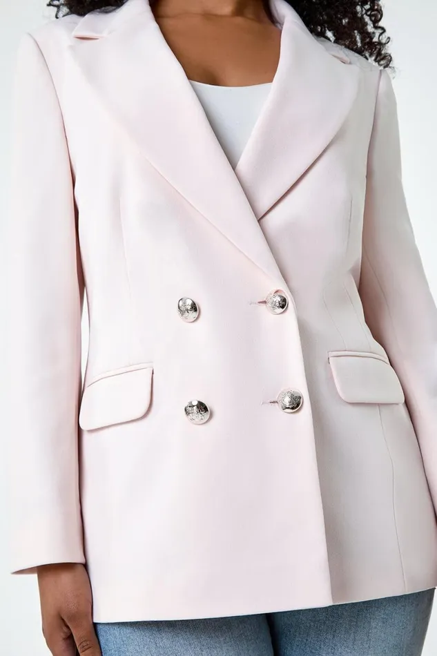 Women Light Pink Petite Double Breasted Stretch Blazer Roman Jackets