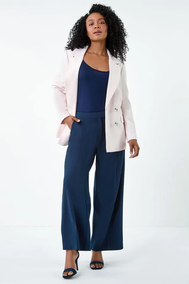 Women Light Pink Petite Double Breasted Stretch Blazer Roman Jackets