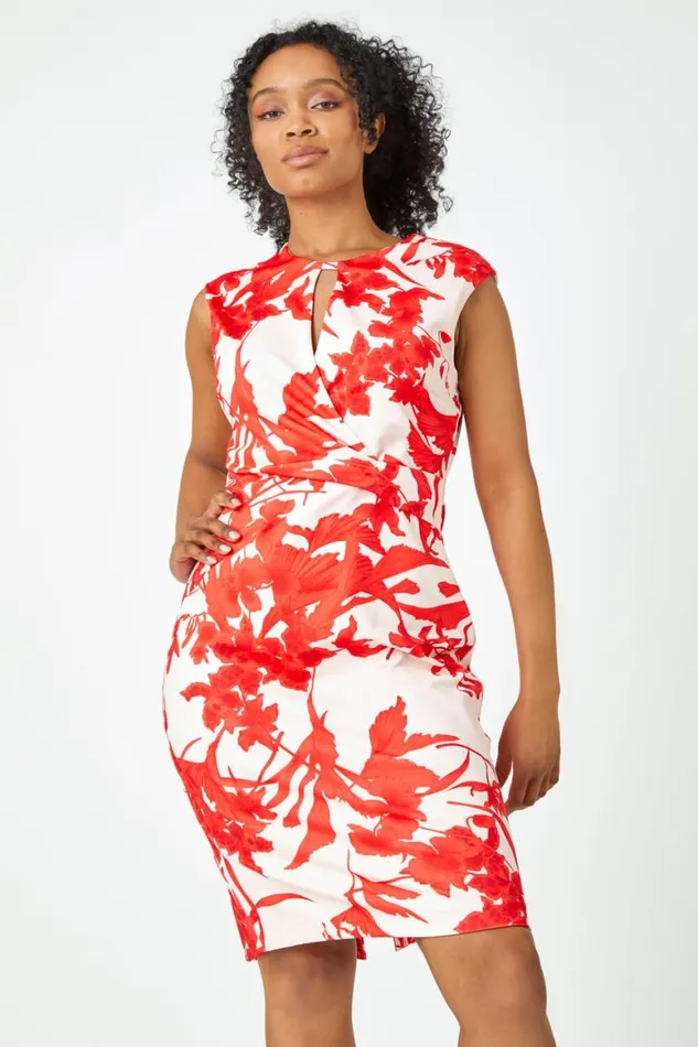 Women Light Pink Petite Stretch Floral Twist Ruched Dress Roman Dresses
