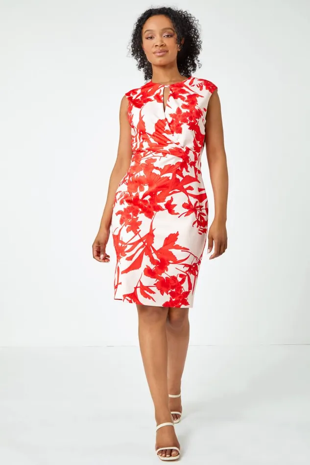 Women Light Pink Petite Stretch Floral Twist Ruched Dress Roman Dresses