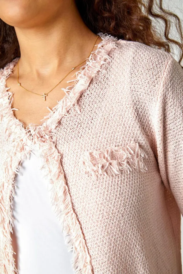 Women Light Pink Textured Boucle Cardigan Roman Knitwear