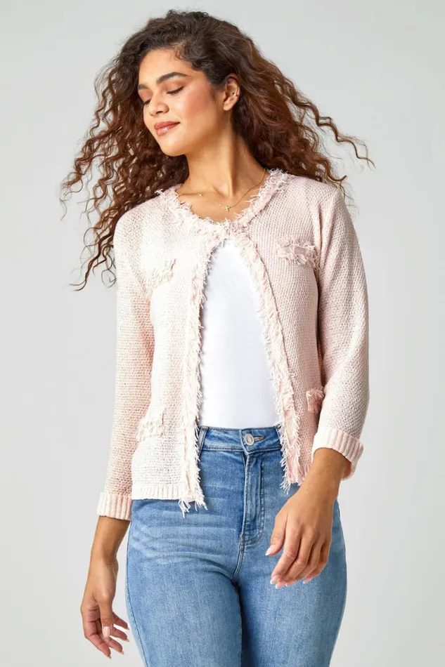 Women Light Pink Textured Boucle Cardigan Roman Knitwear