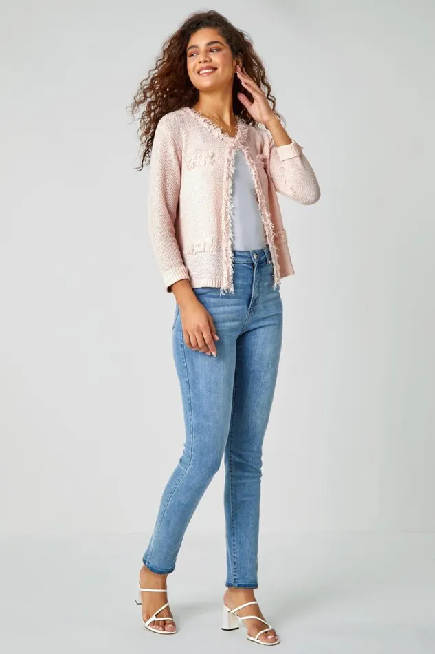 Women Light Pink Textured Boucle Cardigan Roman Knitwear