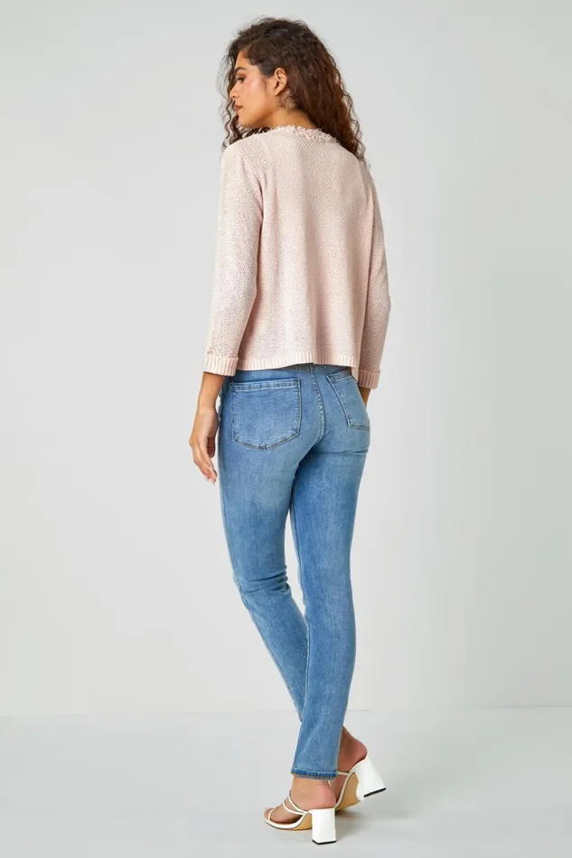 Women Light Pink Textured Boucle Cardigan Roman Knitwear