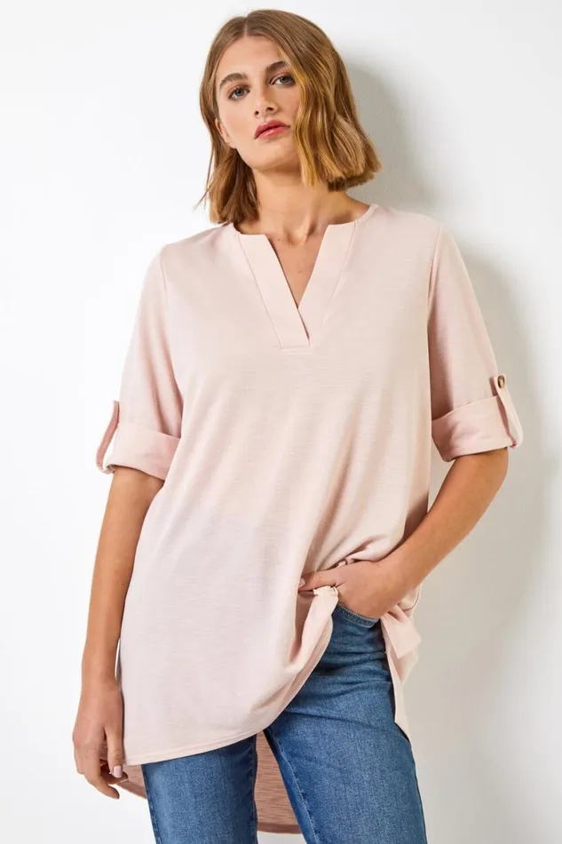 Women Light Pink Textured Notch Neck Top Roman Tops
