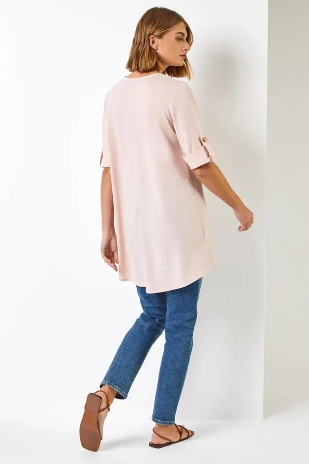 Women Light Pink Textured Notch Neck Top Roman Tops