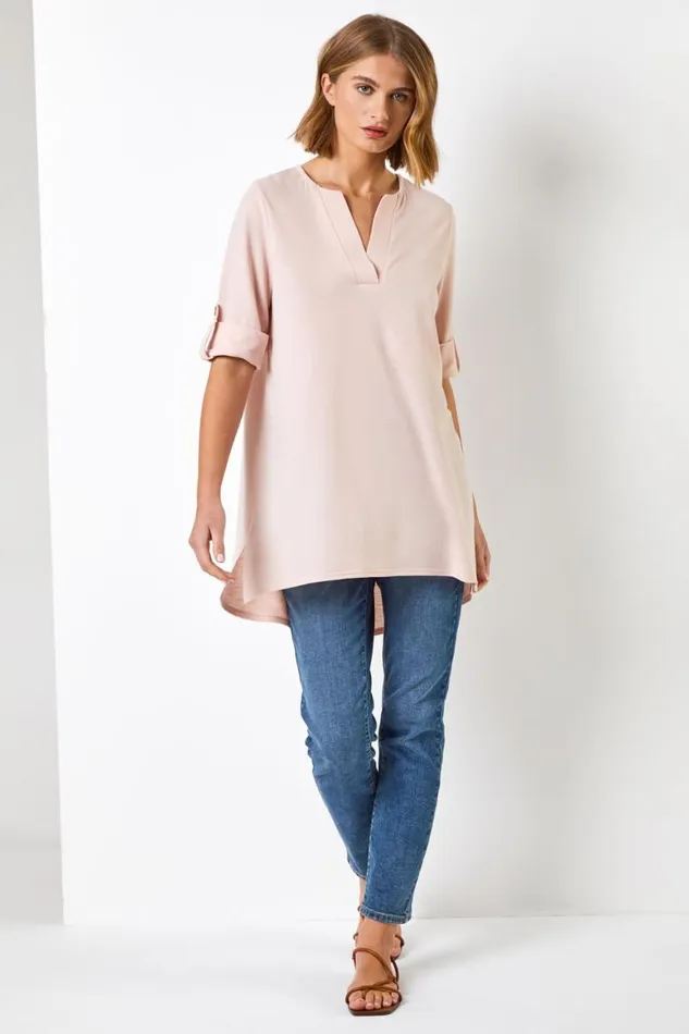 Women Light Pink Textured Notch Neck Top Roman Tops