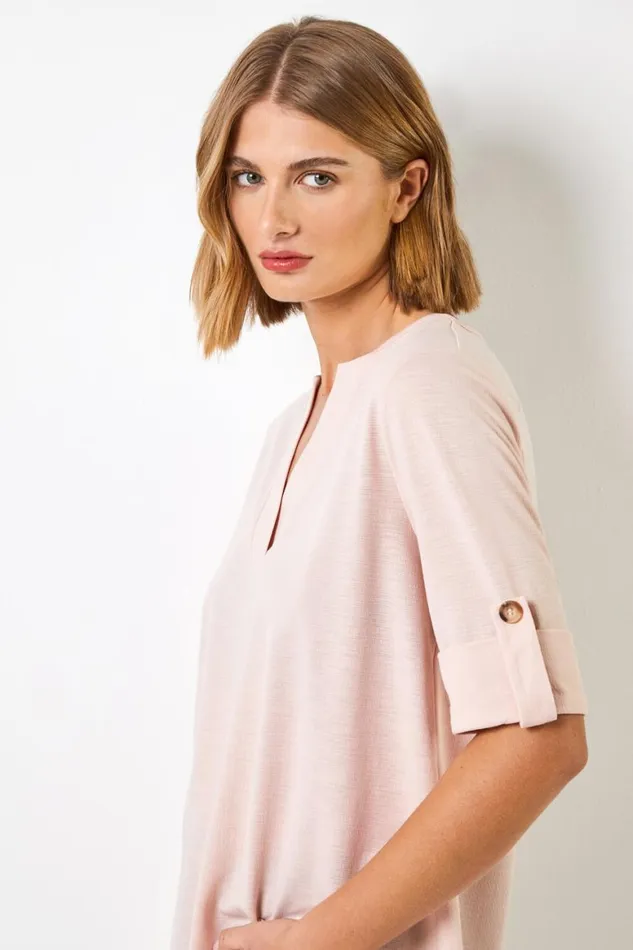 Women Light Pink Textured Notch Neck Top Roman Tops