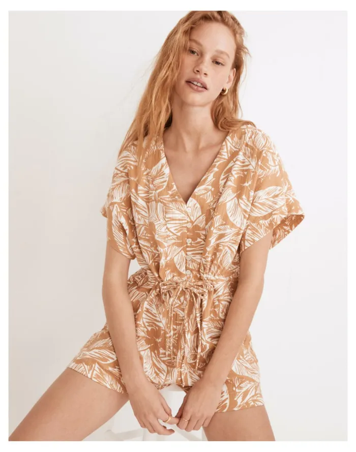 Women Lightestspun Drawstring Cover Up Romper In Palm Leaves Earthen Sand Madewell Swim