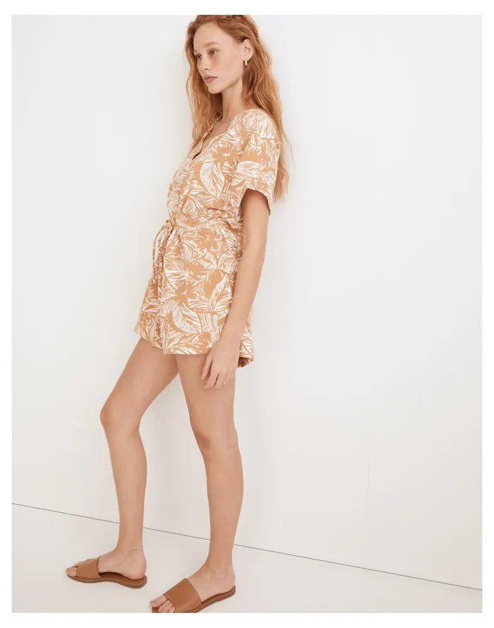 Women Lightestspun Drawstring Cover Up Romper In Palm Leaves Earthen Sand Madewell Swim Women Lightestspun Drawstring Cover Up Romper In Palm Leaves Earthen Sand Madewell Swim