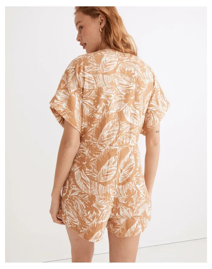 Women Lightestspun Drawstring Cover Up Romper In Palm Leaves Earthen Sand Madewell Swim Women Lightestspun Drawstring Cover Up Romper In Palm Leaves Earthen Sand Madewell Swim
