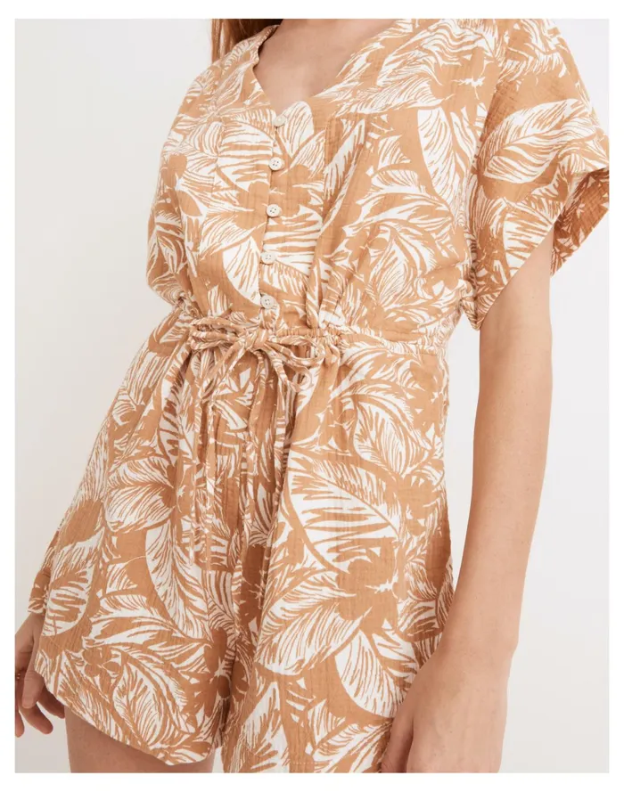 Women Lightestspun Drawstring Cover Up Romper In Palm Leaves Earthen Sand Madewell Swim Women Lightestspun Drawstring Cover Up Romper In Palm Leaves Earthen Sand Madewell Swim