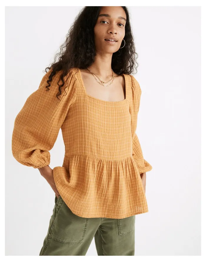 Women Lightspun Millbrook Puff Sleeve Peplum Top In Windowpane Rich Amber Madewell Tops and Shirts