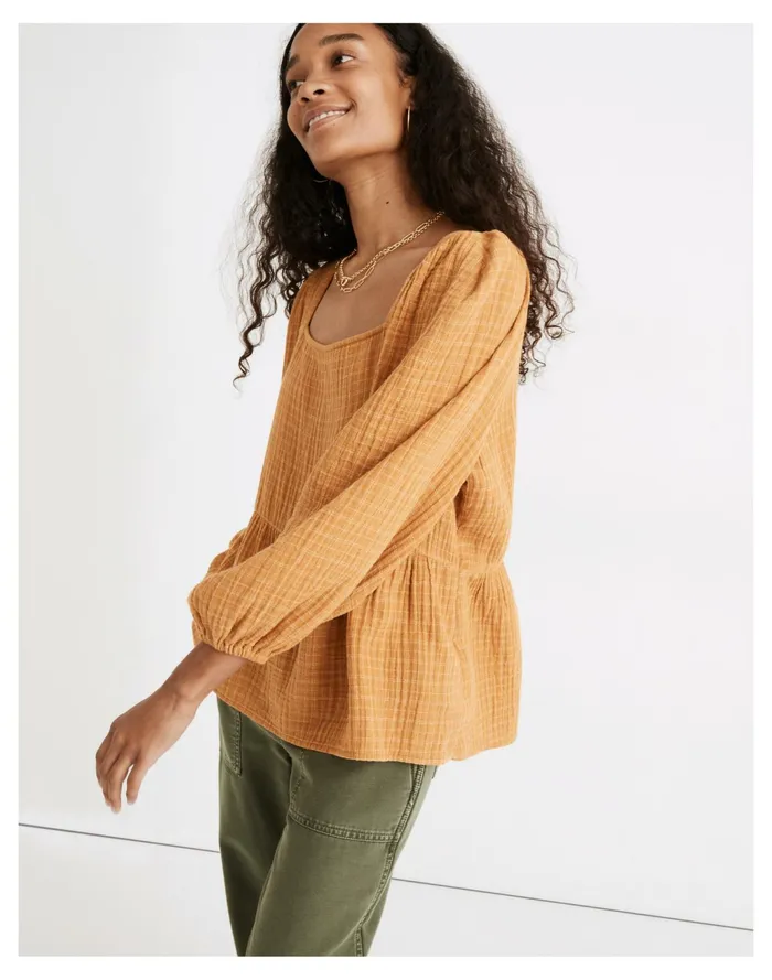 Women Lightspun Millbrook Puff Sleeve Peplum Top In Windowpane Rich Amber Madewell Tops and Shirts Women Lightspun Millbrook Puff Sleeve Peplum Top In Windowpane Rich Amber Madewell Tops and Shirts