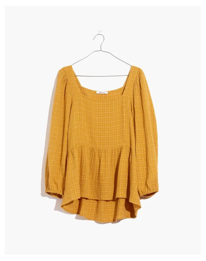 Women Lightspun Millbrook Puff Sleeve Peplum Top In Windowpane Rich Amber Madewell Tops and Shirts Women Lightspun Millbrook Puff Sleeve Peplum Top In Windowpane Rich Amber Madewell Tops and Shirts