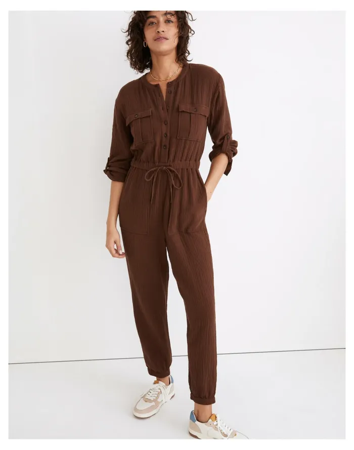 Women Lightspun Tapered Leg Jumpsuit Hot Cocoa Madewell Jumpsuits and Overalls