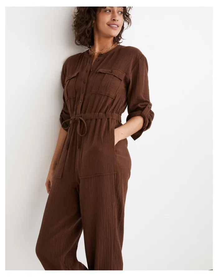 Women Lightspun Tapered Leg Jumpsuit Hot Cocoa Madewell Jumpsuits and Overalls Women Lightspun Tapered Leg Jumpsuit Hot Cocoa Madewell Jumpsuits and Overalls