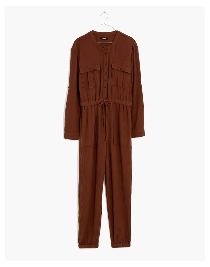 Women Lightspun Tapered Leg Jumpsuit Hot Cocoa Madewell Jumpsuits and Overalls Women Lightspun Tapered Leg Jumpsuit Hot Cocoa Madewell Jumpsuits and Overalls