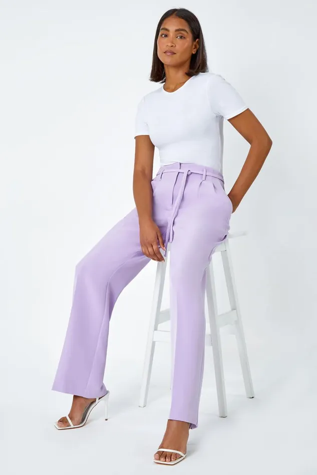 Women Lilac Crepe Stretch Straight Leg Trousers Roman Occasionwear