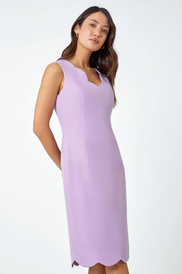 Women Lilac Scallop Edge Plain Shift Dress Roman Dresses