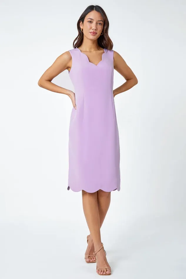 Women Lilac Scallop Edge Plain Shift Dress Roman Dresses